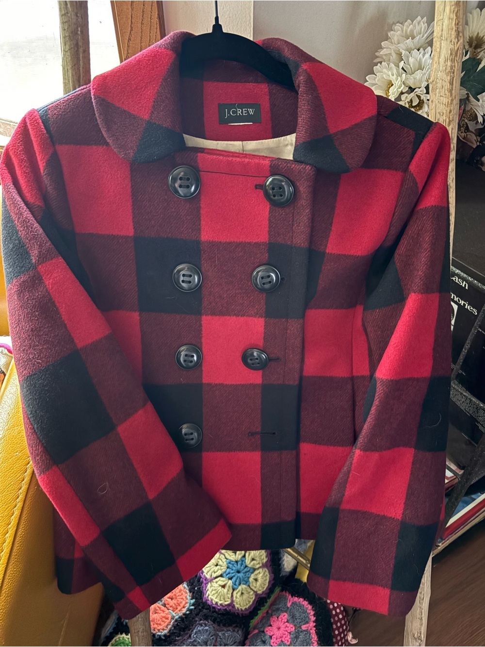 J. Crew Red and Black Buffalo Check Wool Coat
